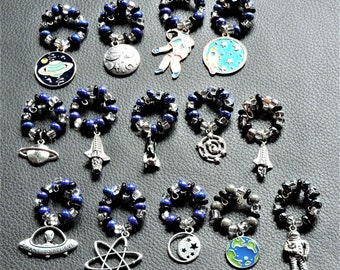 Space travel Wine Rings, Wine Charms!! Your set = custom,  your choice for beads and your choice of charms!