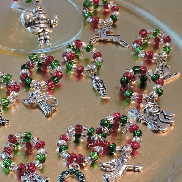 Christmas Wine Charm Rings, Silver, red, green, Wine glass markers, Your set, your choices!