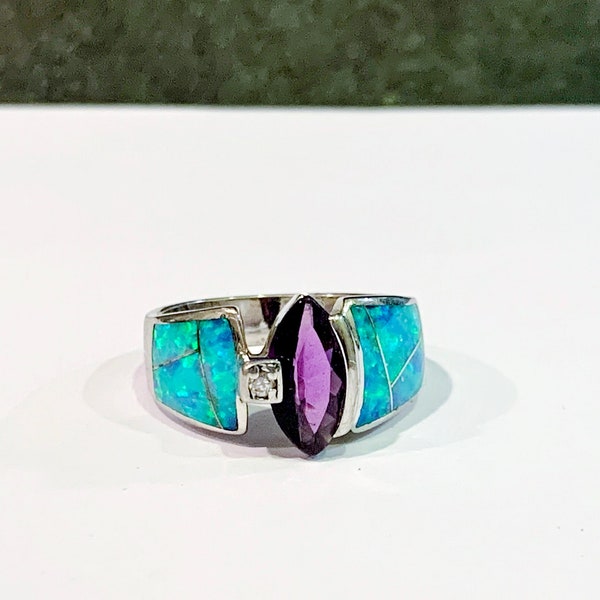 Sterling Silver 925 Blue Green Opal Ring lab created opal Amethyst Gemstone Accent CZ Cubic Zirconia Size 8 Gift For Her