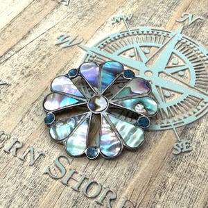 Vintage Large Bold Mexican Sterling Silver 925 Swirl Flower Pin Brooch Mexico Signed Abalone Shell Taxco