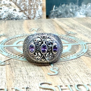 Art Nouveau Style Sterling Silver 925 Amethyst Ring Trilogy Three Stone Filigree missing one small marcasite scroll vine size 6 Bold Vintage