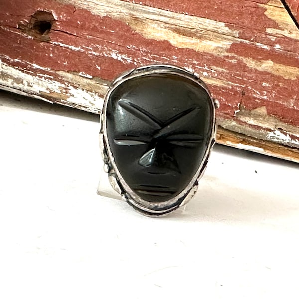 Southwest Mexico Sterling Silver 925 Onyx Mayan Mask Ring Artist Vintage Native Style Tribal Bead Aztec Signed