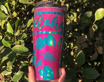 Tropical ALOHA glitter tumbler 20oz holographic monstera palm leaves epoxy resin stainless steel double walled travel cup screw on lid pink