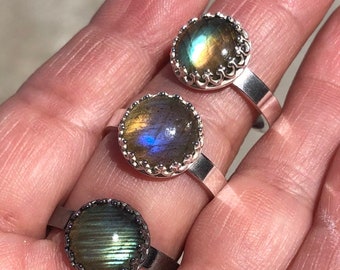 10mm Labradorite Ring round shape stone with fancy bezel set in sterling silver and ready to ship choose ring from drop down menu