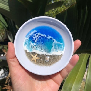 Beach Scene jewelry dish with Ocean waves real sand and sea shells original art epoxy resin beach house decor ring holder dish trinket tray