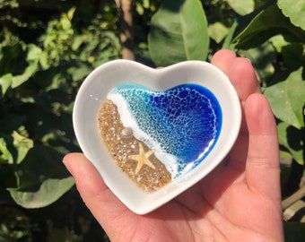 Heart Shaped Beach scene ocean wave resin ring dish ceramic trinket tray jewelry holder beach wedding gift