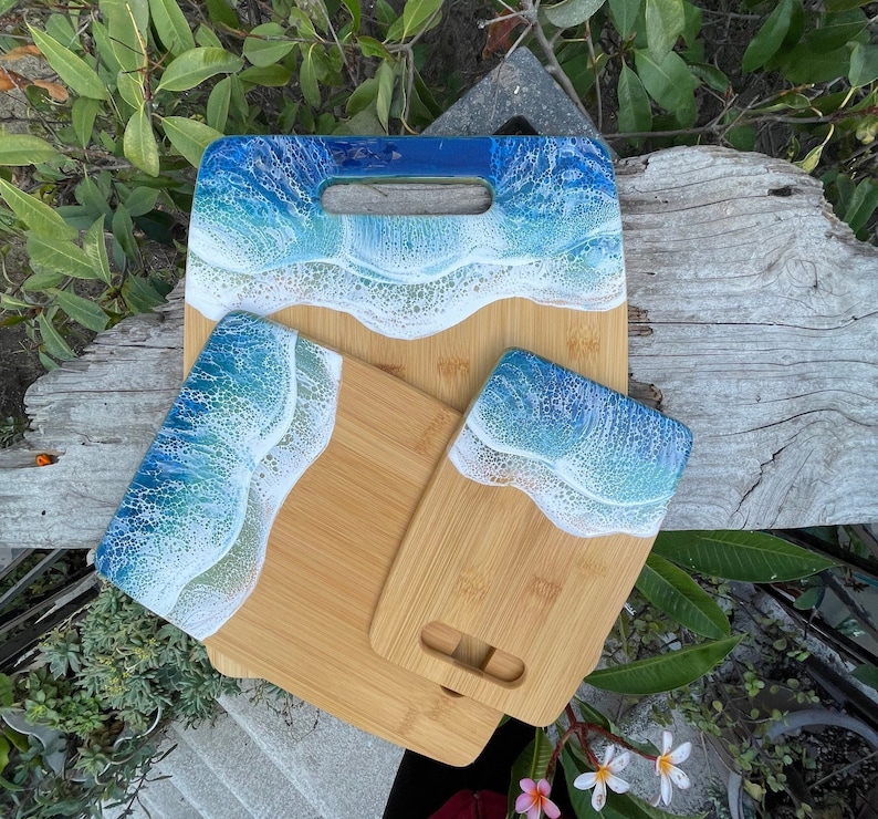 Ocean Wave bamboo cutting/cheese board made with epoxy resin, rectangle shape with handle choose your size, house warming gift, surfer gift image 1