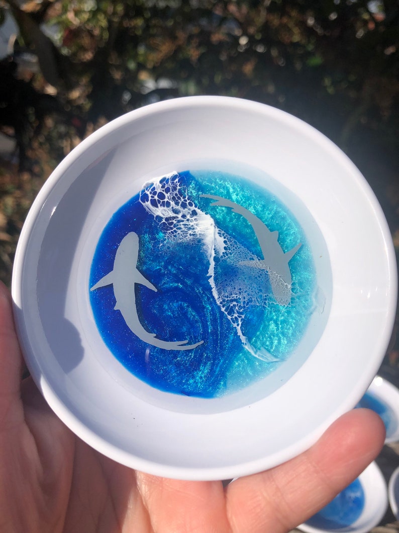 jewelry holder trinket tray Shark Ring Dish beach scene ocean wave epoxy resin swimming baby sharks home decor mermaid gift