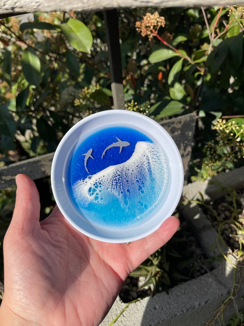 jewelry holder trinket tray Shark Ring Dish beach scene ocean wave epoxy resin swimming baby sharks home decor mermaid gift
