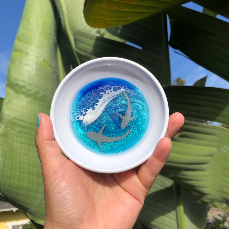 jewelry holder trinket tray Shark Ring Dish beach scene ocean wave epoxy resin swimming baby sharks home decor mermaid gift