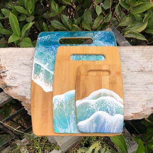 Ocean Wave bamboo cutting/cheese board made with epoxy resin, rectangle shape with handle choose your size, house warming gift, surfer gift image 8