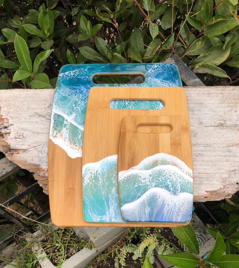 Ocean Wave bamboo cutting/cheese board made with epoxy resin, rectangle shape with handle choose your size, house warming gift, surfer gift image 8