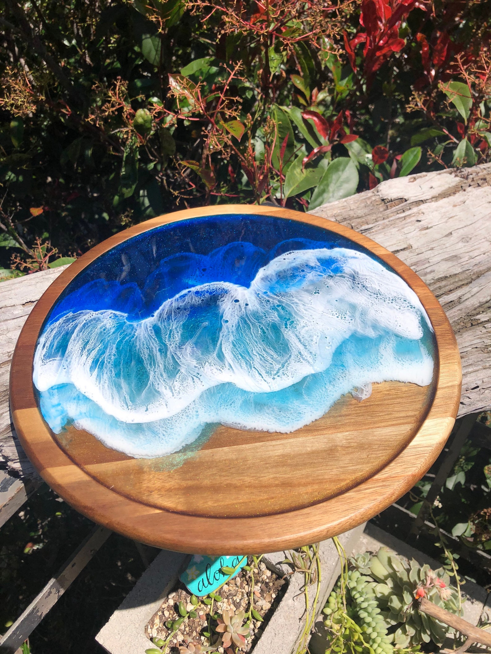Acacia wood lazy Susan with epoxy resin wave design ocean Etsy