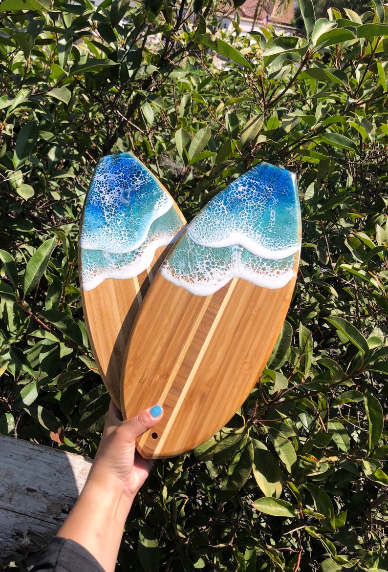 Surfboard epoxy resin wave bamboo wood cutting cheese board Etsy