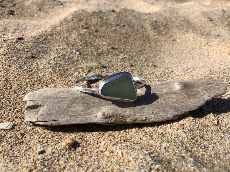 Sea Glass bangle bracelet bezel set sea foam colored seaglass in sterling silver and silver filled hammered bracelet
