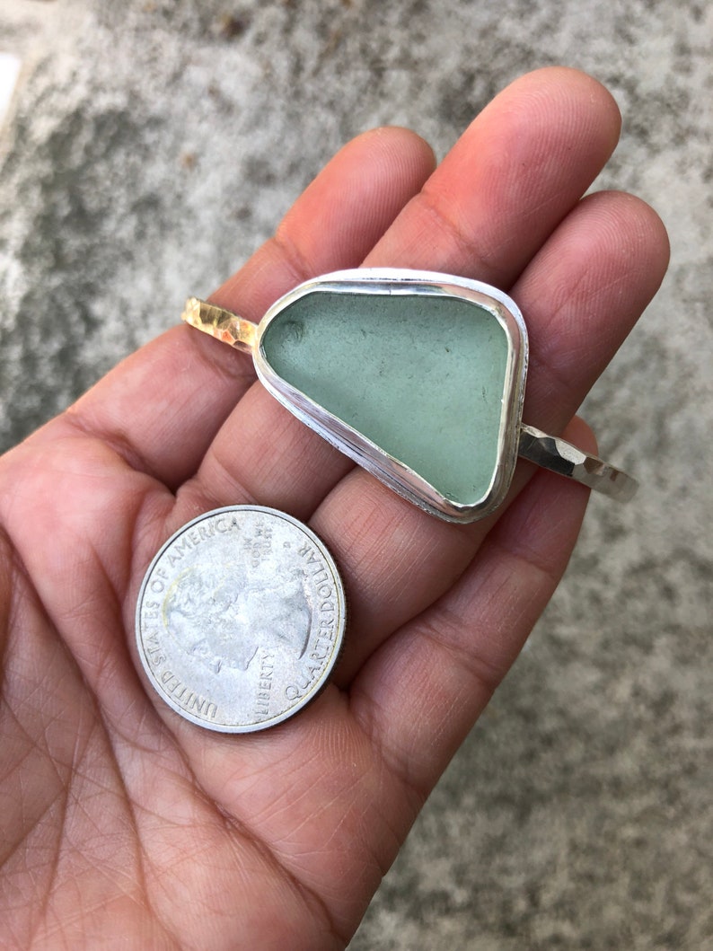 Sea Glass bangle bracelet bezel set sea foam colored seaglass in sterling silver and silver filled hammered bracelet