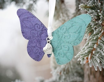 Purple and Teal Butterfly Memorial Ornament with Charm | Sympathy Gift for Lost Loved One | Suicide Awareness Christmas Memorial Present