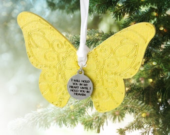 Yellow Butterfly Memorial Wood Ornament with Charm |  Sympathy Gift for Loss of Loved One | Christmas Condolence Present | Remembrance Decor