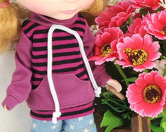 Blythe Pullip Stripe Pocket Top / Sweatshirt (Half Collar/ NH-B type)