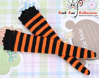 KS-L37。Blythe Pullip Doll Knee Lace Top Socks 。Stripe Orange+Black