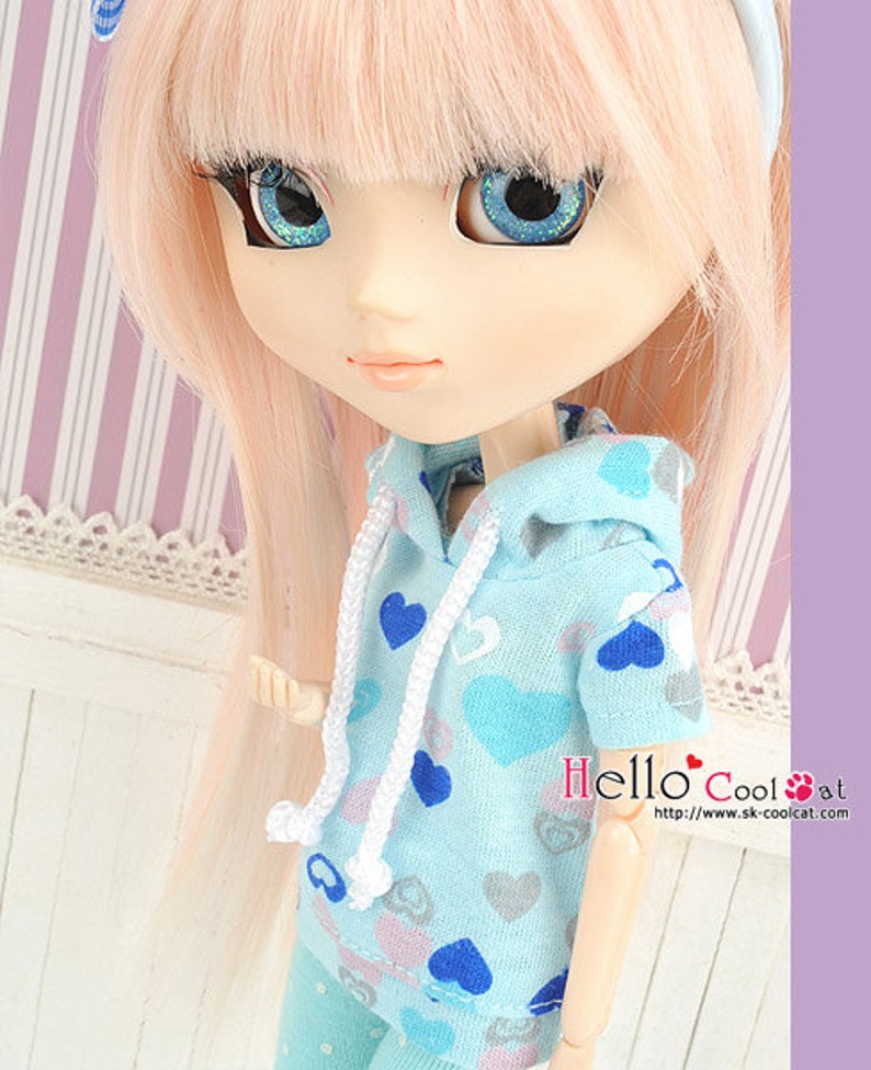 Blythe Pullip Doll Hoodie TopShort Sleeves/ Grid Pattern image 5