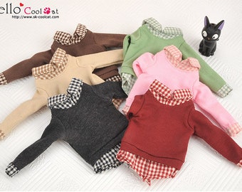 Blythe Pullip Doll Long Sleeve Layered Look Top (Grid Collar)