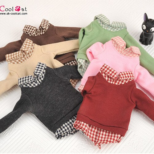 Blythe Pullip Doll Long Sleeve Layered Look Top (Grid Collar)