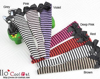Blythe Pullip Doll Knee Top Socks (Thin Stripe with Black Bow)