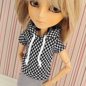 Blythe Pullip Doll Hoodie TopShort Sleeves/ Grid Pattern 236．NP-A22 Black