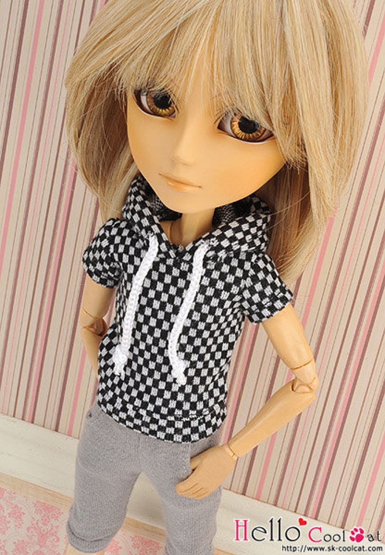 Blythe Pullip Doll Hoodie TopShort Sleeves/ Grid Pattern 236．NP-A22 Black