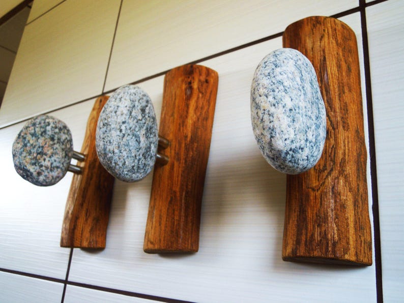 3 pcs Stone Hooks hanger Coat Rack with natural Sea STONES. Etsy