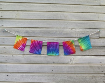 Prayer Flags, Gypsy Decor, Boho Room Decor, Fabric Bunting, Garden Flags, Hippie Bunting, Festival Flags, Upcycled, Rainbow, Tie-Dye, Dorm