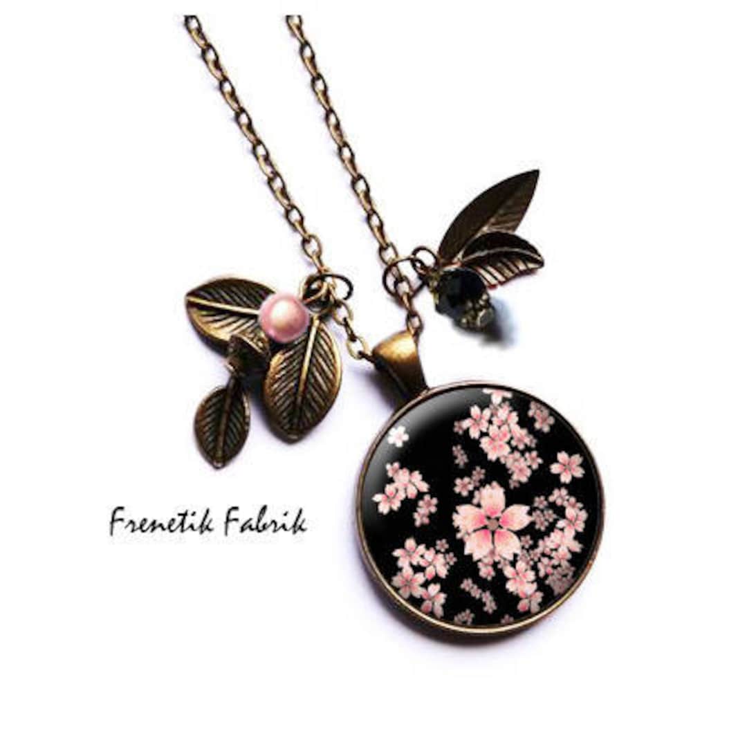 Necklace Sakura Cherry Blossom Pink on Black Japanese Motif 