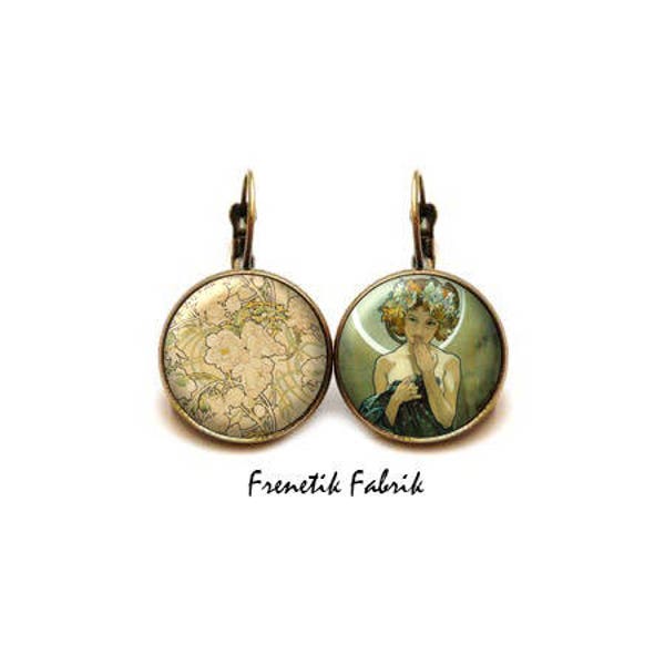 Boucles d'Oreilles Mucha - Fleur en Beige Bronze