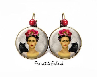 Boucles d'oreilles Frida Chat Noir, rose fleur, peintre, acier inoxydable, Bijoux Fantaisie, cadeau femme