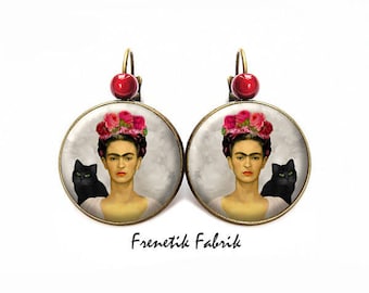 Pendientes Frida Chat Noir, flor rosa, pintora, acero inoxidable, bisutería, regalo mujer