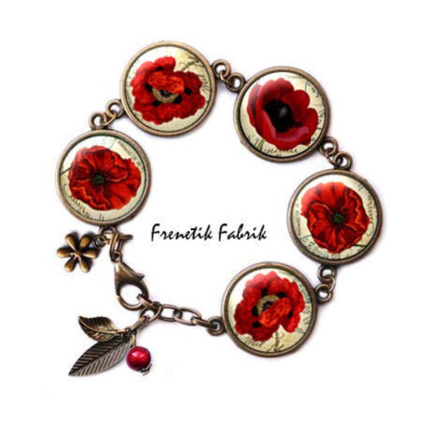 Bracelet Coquelicot Rétro Fleur Rouge Boheme Champêtre