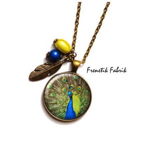 Collier Plume de Paon, Bleu et Vert Anis,  Bijoux Boheme, cabochon Oiseau, cadeau femme fantaisie