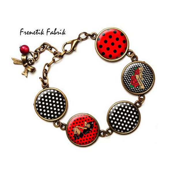 Bracelet Rockabilly Pin Up et Roses, bijoux cabochon noir rouge pois blanc, noeud rétro