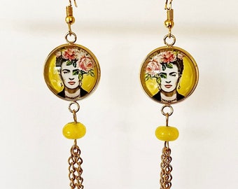 Boucles d'Oreilles Frida, bijoux femme acier inoxydable, illustration toile peintre fleurs roses, cadeau pour elle