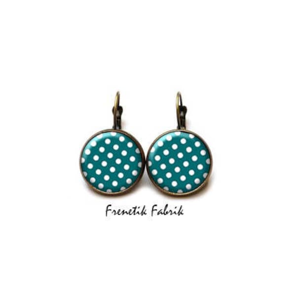 Boucles d'Oreilles Pois Blanc sur Bleu Canard