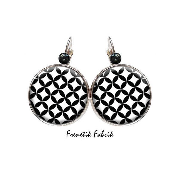 Boucles d'oreilles géométrique noir et blanc, bijoux cabochon retro femme