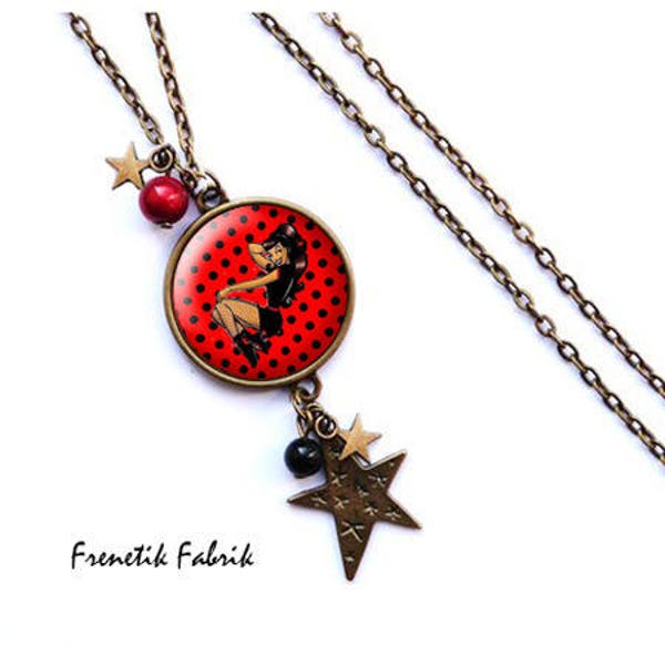 Collier rockabilly pin up noir rouge pois,