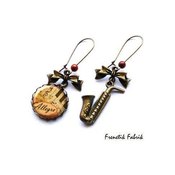 Boucles d'oreilles Musique Saxo Allegro, cadeau femme, bijoux illustration instrument note solfège partition symphonie