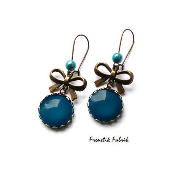 Boucles d'Oreilles Verre & Bleu Canard, Noeud, Perle - Tendance Rétro