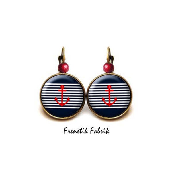 Boucles d'Oreilles ancre marine rouge sur bleu et blanc