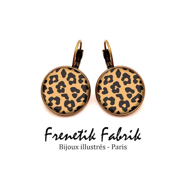 Pendientes estampado leopardo camel negro pendientes cabujón plata