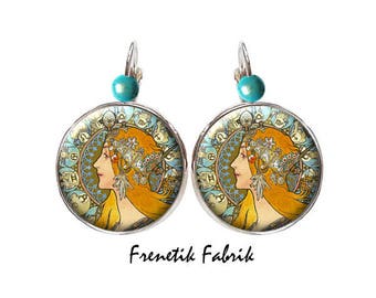 Mucha earrings, the woman with feathers, gift woman, painter