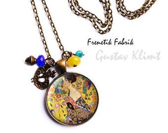 Klimt Woman Necklace with a Fan, Vintage Bronze Painter Jewelry, Gift