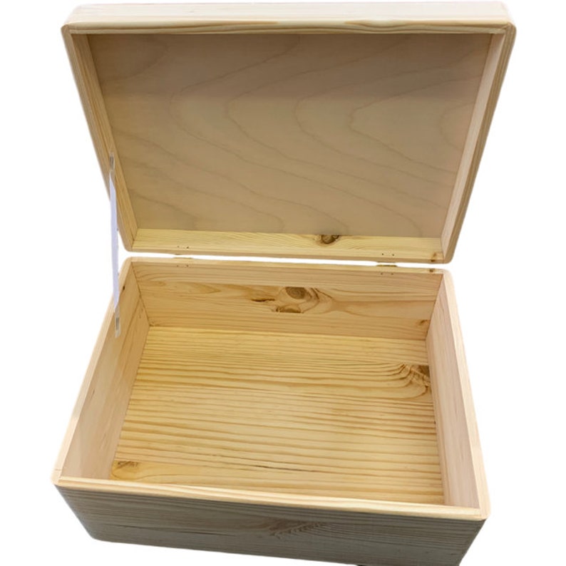 May include: A natural wood storage box with a hinged lid. The box is empty and the lid is open.